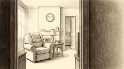 ateam-hourly-live-in-hero - A-TEAM #1 Home Care Agency in Philadelphia, PA Pencil sketch of a quiet Philadelphia rowhouse living room with an armchair, reading lamp, wall clock and a guest bedroom door ajar