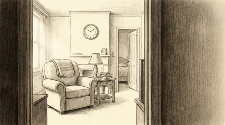 ateam-hourly-live-in-hero - A-TEAM #1 Home Care Agency in Philadelphia, PA Pencil sketch of a quiet Philadelphia rowhouse living room with an armchair, reading lamp, wall clock and a guest bedroom door ajar