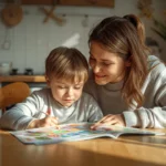A parent caregiver helping a child with autism with a learning activity at home in Pennsylvania